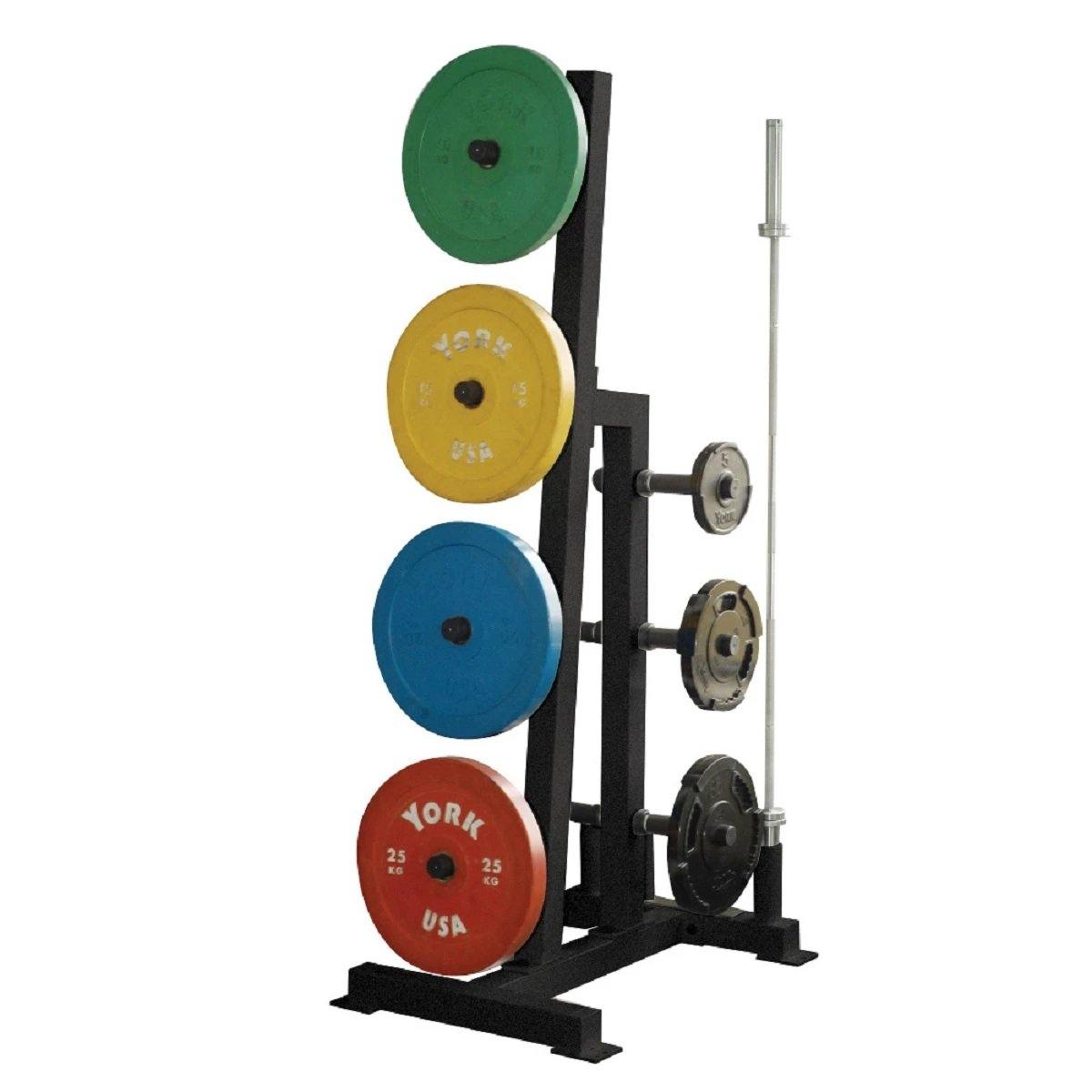 Image of York Barbell Olympic Single Sided Plate Tree Rack with 2 Olympic Bar Holders