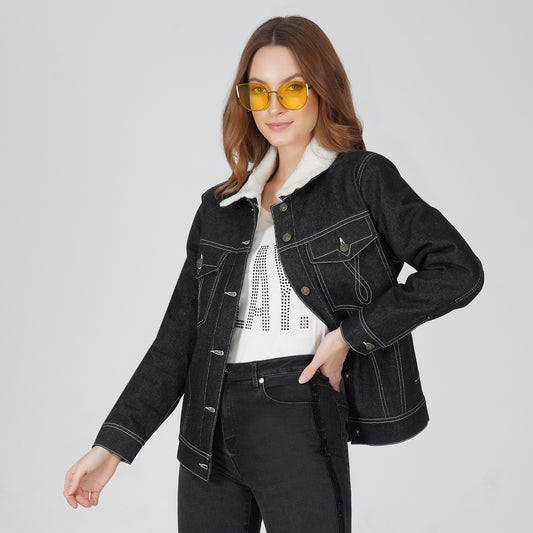 Buy StyleStone Black Denim Jacket With Detachable Fur Collar for Women  Online @ Tata CLiQ