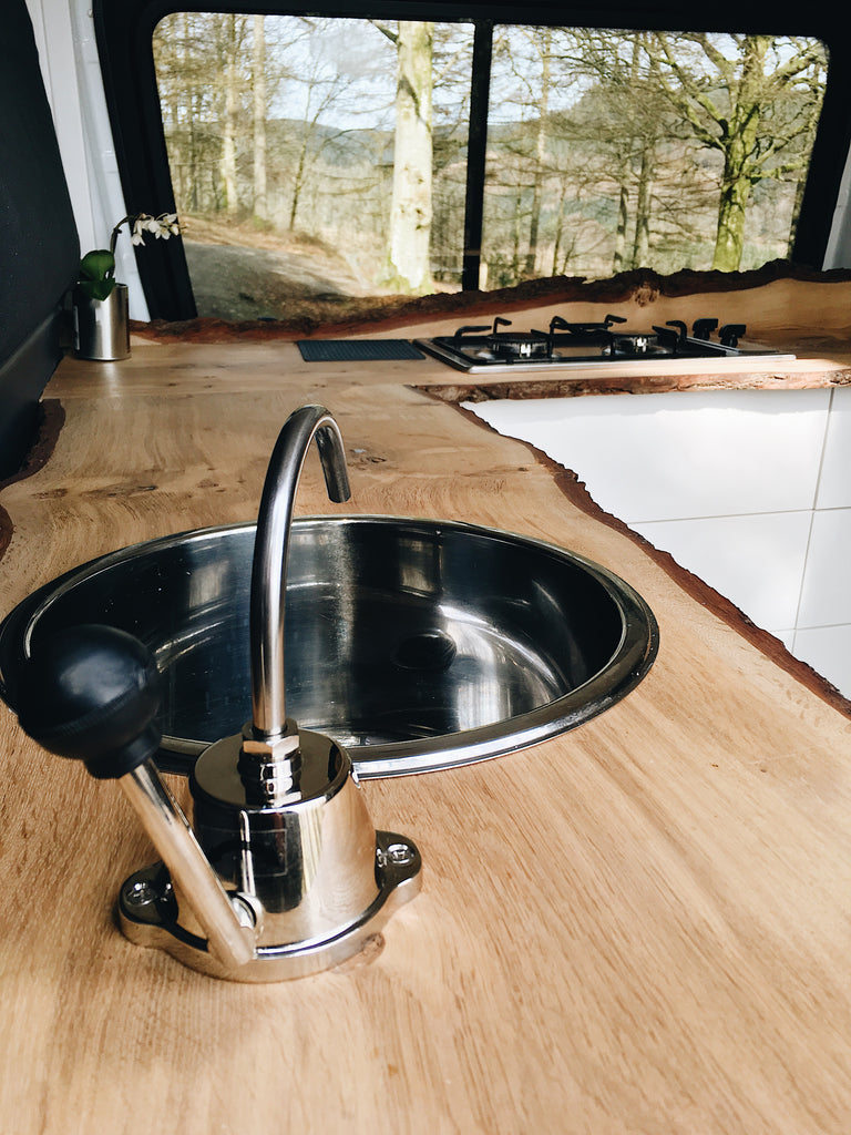 live edge worktop in Mercedes sprinter campervan conversion 