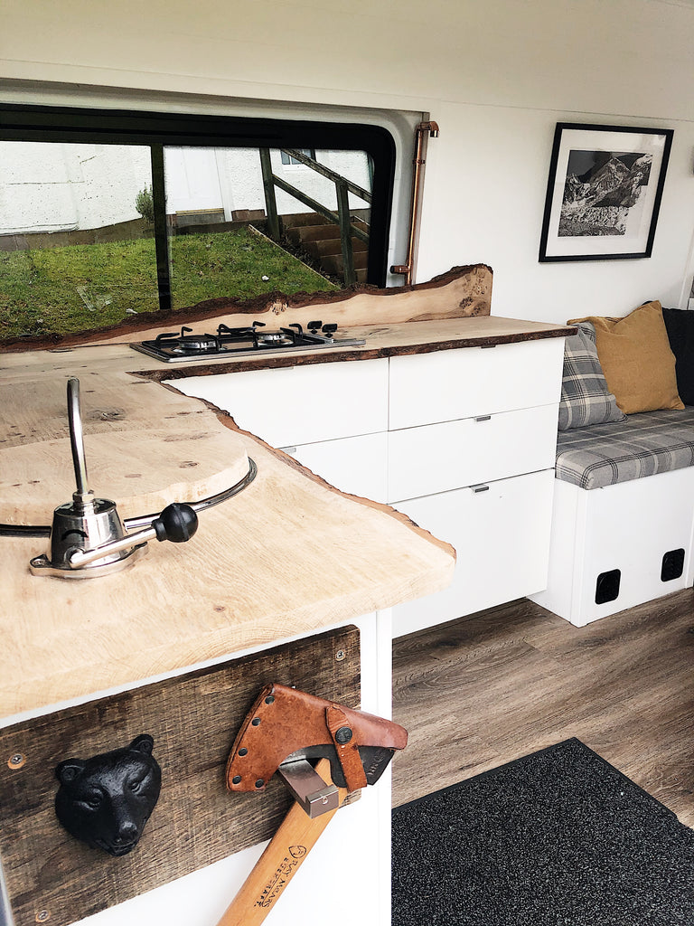Ikea kitchen in a sprinter campervan conversion layout 