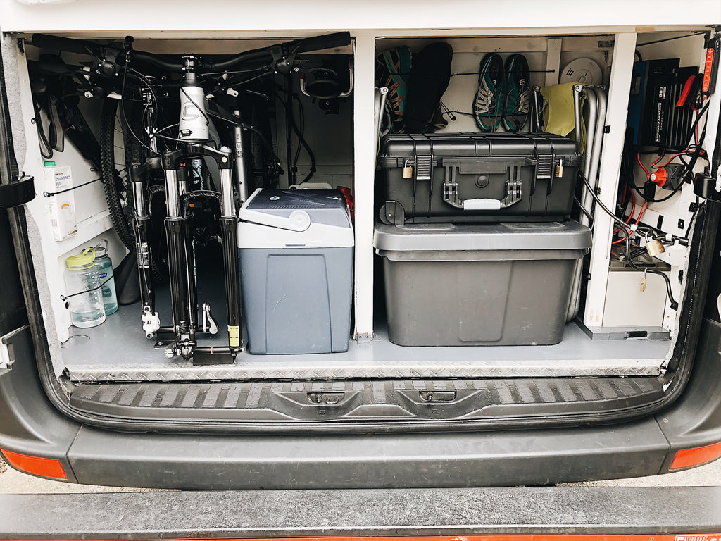 Garage storage space in a self build campervan with bike storage