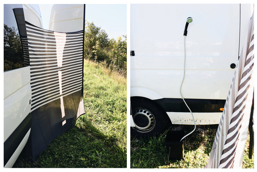 External pop up shower in a self build campervan conversion 