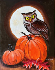 owl and pumpkins with full moon