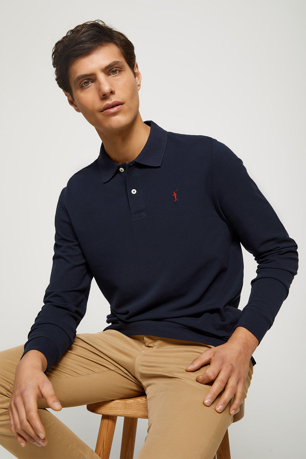 Navy-blue long-sleeve pique polo shirt with embroidered logo – Polo Club  Europe