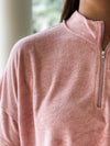 Terry Cloth Mock Neck Quarter Zip Athleisure Top - Pink