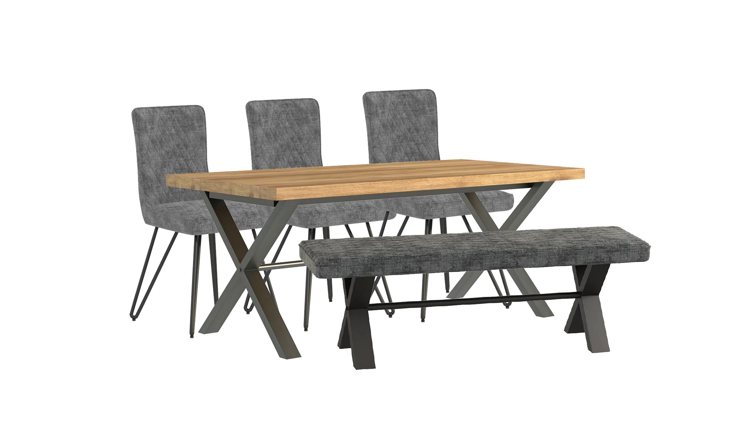 Brooklyn Oak 1.9m Dining Table with 3 Chairs and Large Upholstered Bench