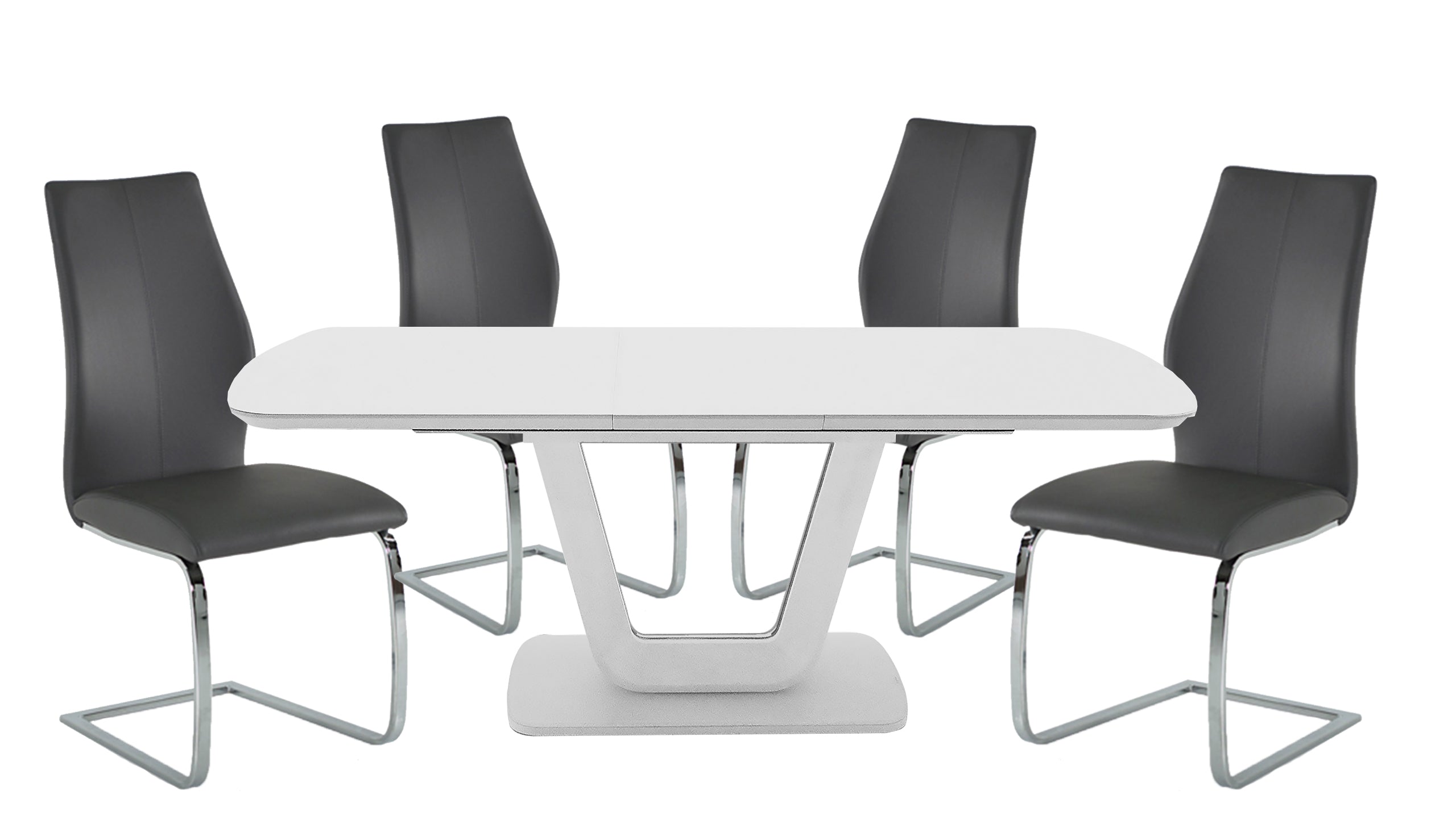 Stockholm 1.6m Extending Dining Table in White with 4 Chairs with Stainless Steel Legs