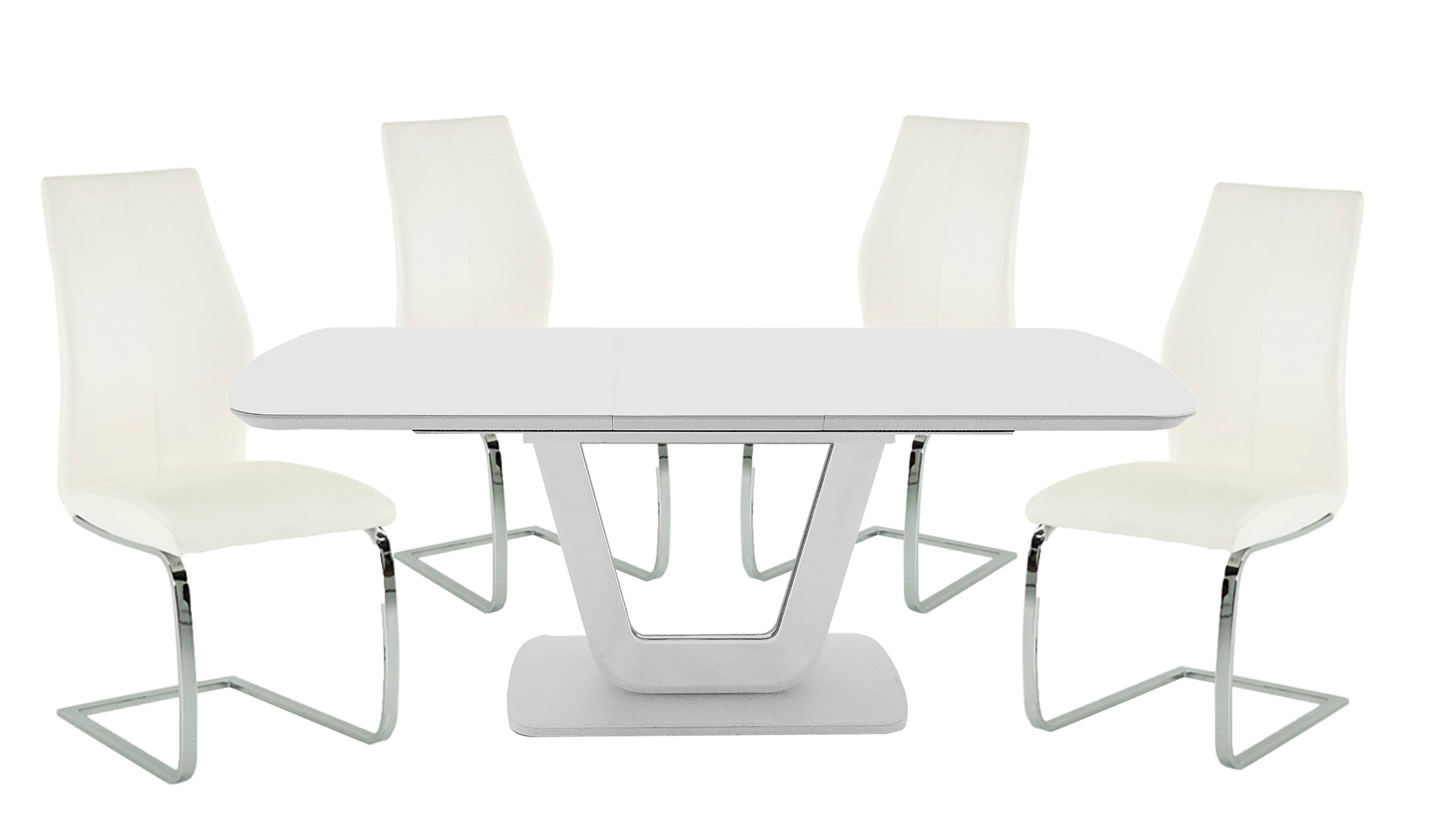 Stockholm 1.6m Extending Dining Table in White with 4 Chairs with Stainless Steel Legs