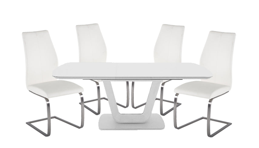 Stockholm 1.2m Extending Dining Table in White with 4 Chairs with Brushed Steel Legs