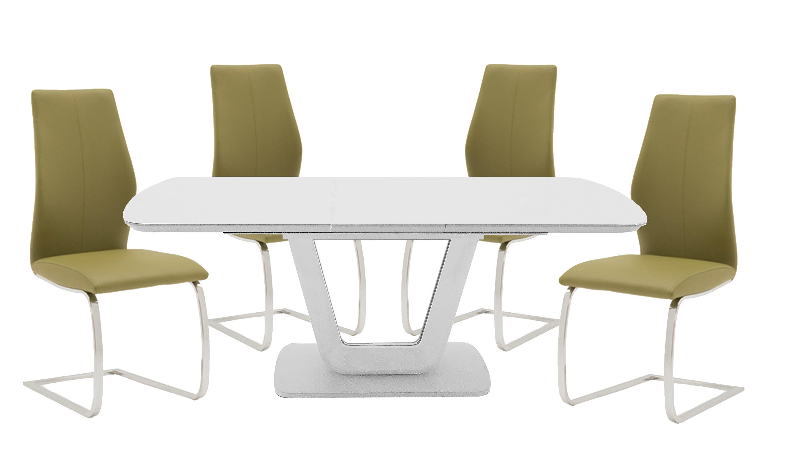 Stockholm 1.6m Extending Dining Table in White with 4 Chairs with Stainless Steel Legs