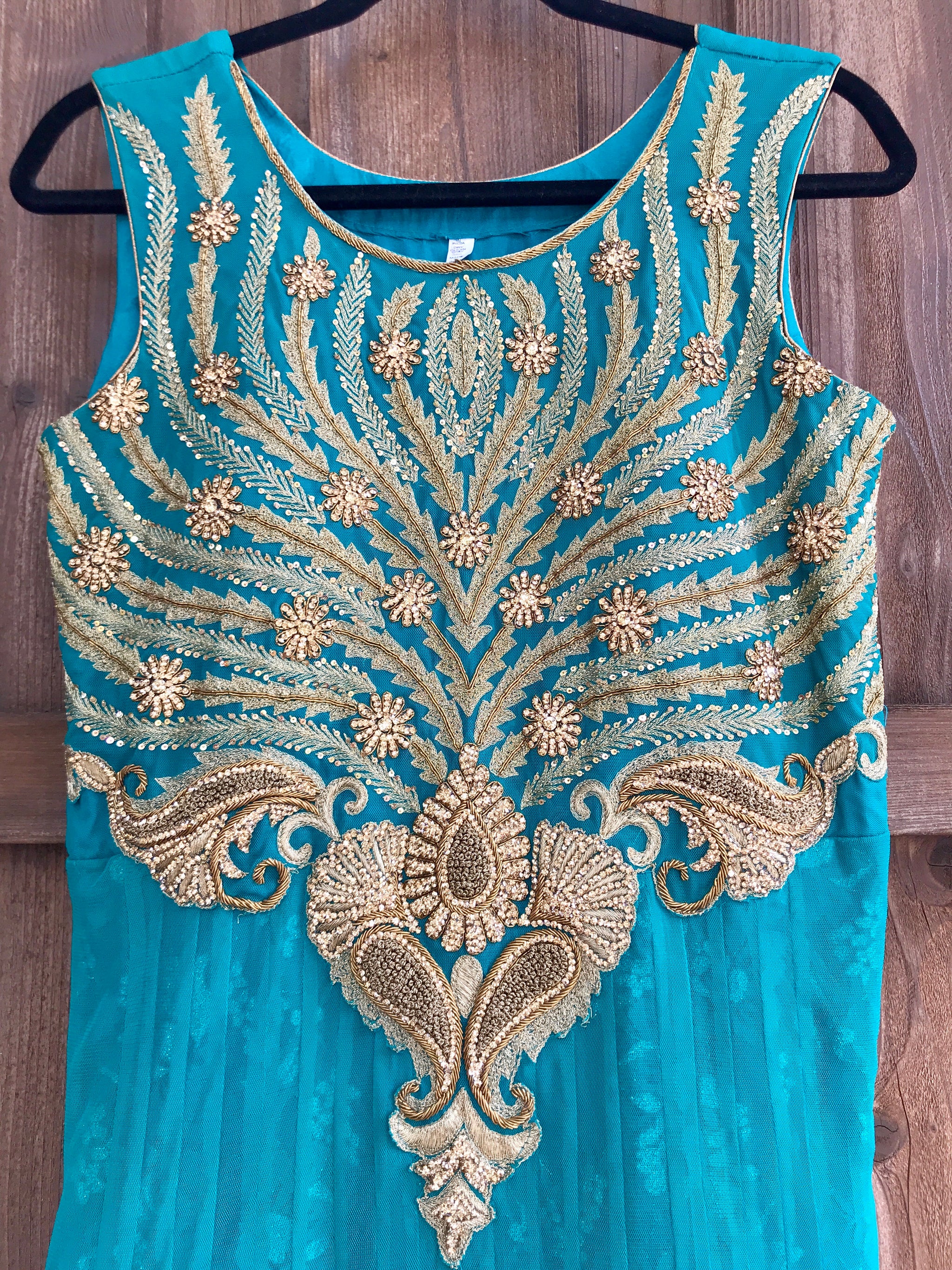 Teal Gold Gown - Red Paisleys