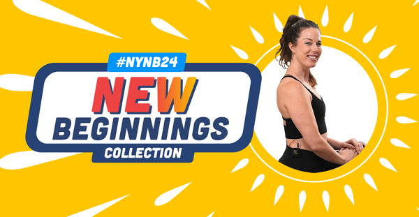 fitness trainer standing on New Beginnings Collection yellow banner