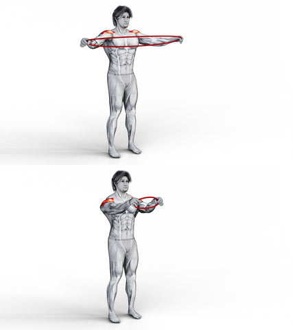 Man demonstrating band pull aparts exercise