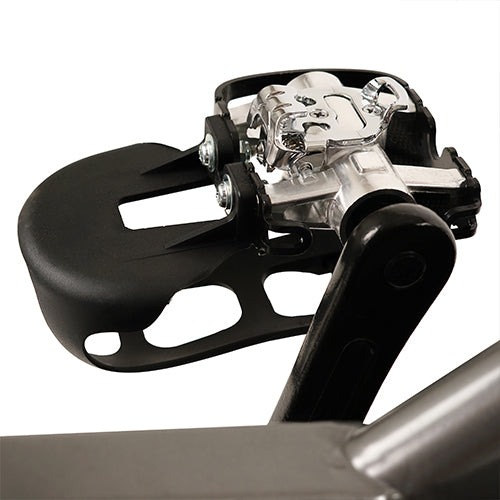 Clip-in/Caged Foot Pedals | The dual-sided pedals are compatible with cycling shoes and will accommodate both high-performance SPD cleats and traditional fitness shoes.