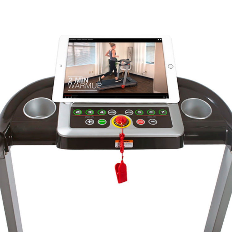 ULTIMATE CONNECTIVITY | Place your personal device on the tablet holder to watch videos while you work out. Charge your tablet with the onboard USB port and play music wirelessly with the integrated Bluetooth speakers.