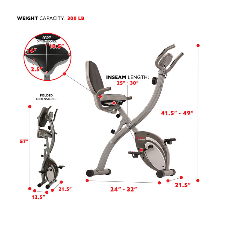 sunny health & fitness folding magnetic semi recumbent upright bike