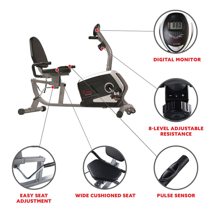 sunny health & fitness magnetic recumbent bike exercise bike