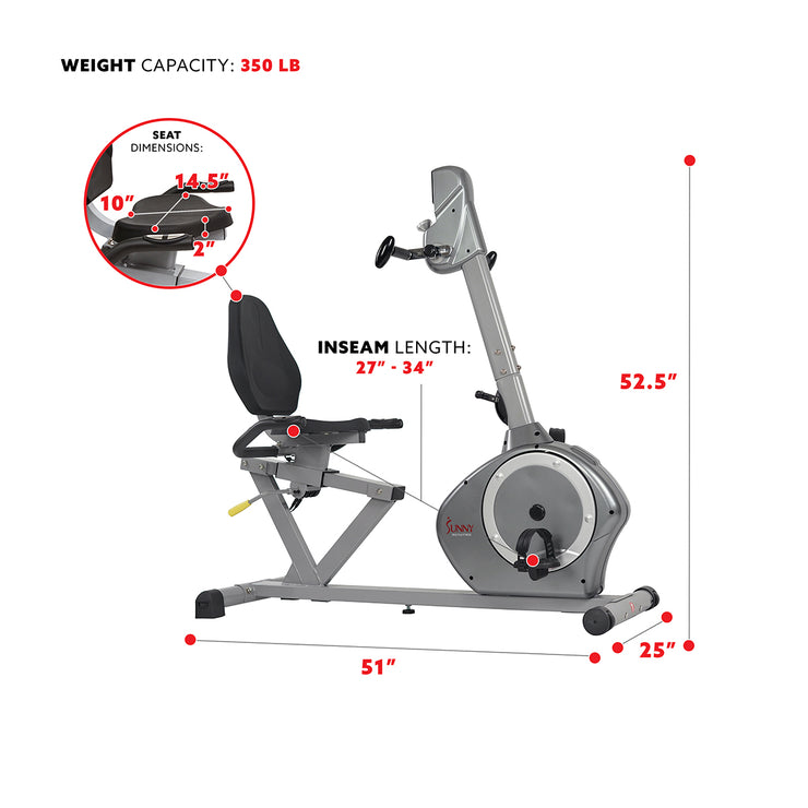 sunny health & fitness magnetic recumbent bike exercise bike