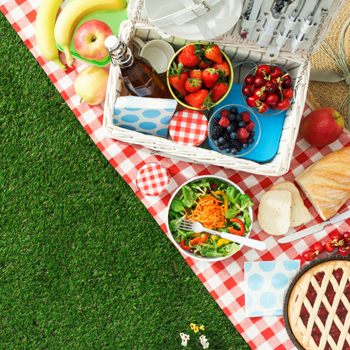 picnic food on a red cloth on grass