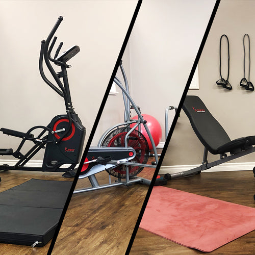 elliptical machine, fan bike, workout bench, mats