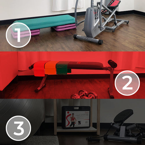 collage of home gym equipment