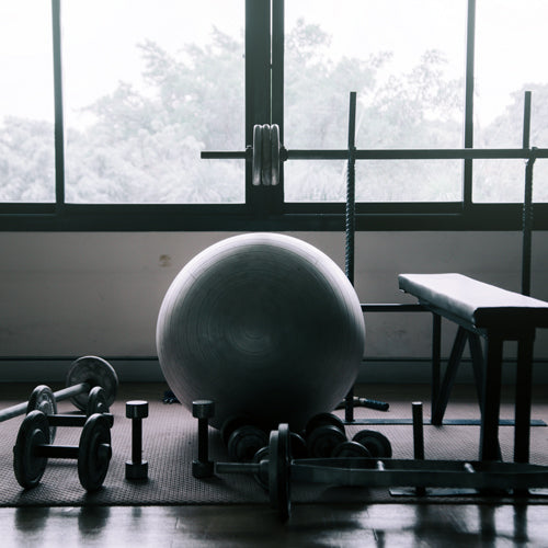 a home gym with exercise ball, bench, dumbbells and Olympic Bars