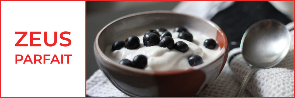 zeus parfait, yogurt with blueberries in bowl next to spoon