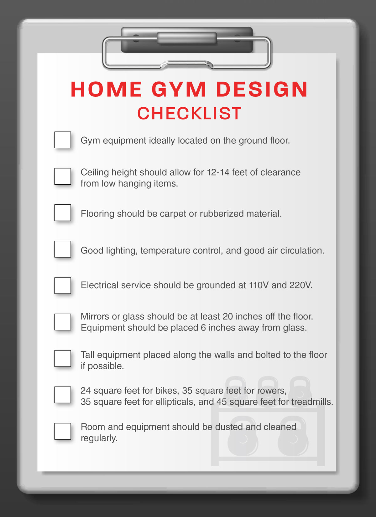 home gym design checklist on clipboard