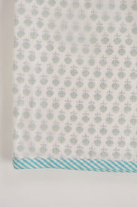Baby dohar lightweight three layered baby wrap cot quilt, cotton muslin block printed, aqua and green bud pattern.