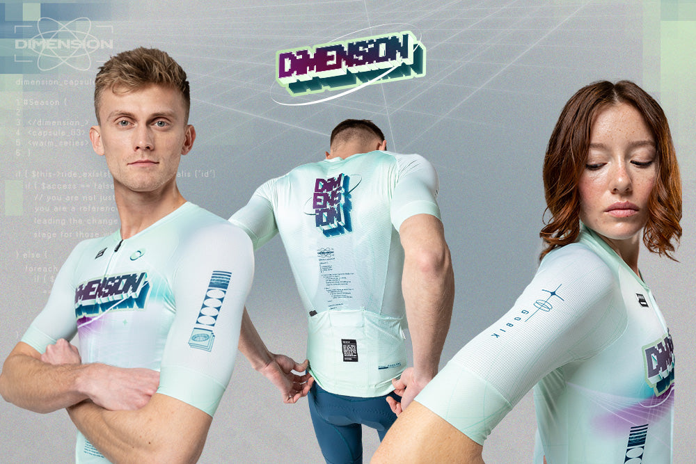 Cover of the new summer collection DIMENSION. The models wear the jersey CX Pro in color hint green.