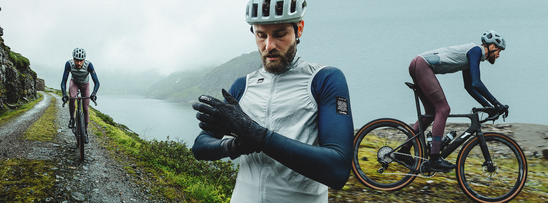 Different shots of cyclist with Gobik clothing for colder climates, wearing gloves, vest, hyder y absolute.