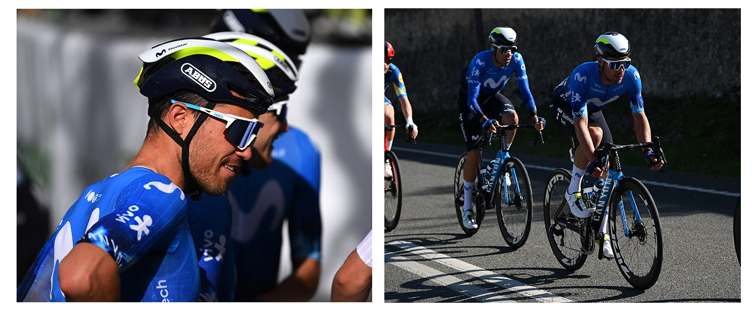 Albert Torres, lächelnd mit der neuen Ausrüstung für die Movistar Team und auf seinem Fahrrad im Rennen