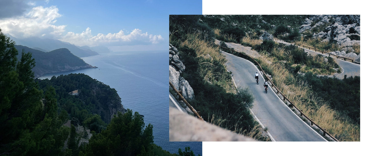 Paesaggi caratteristici di Maiorca in una composizione che mostra la varietà di strada e montagna, ideale per un ciclista.