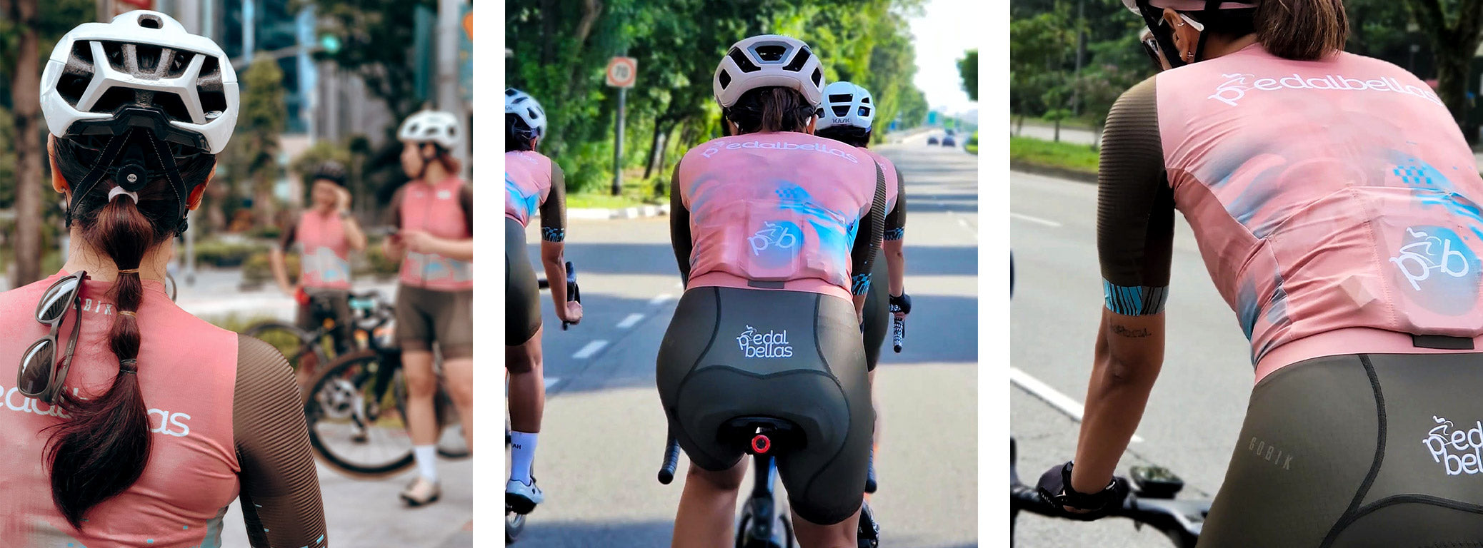 Zusammenstellung von drei Detailaufnahmen des neuen Pedal Bellas x Gobik-Kits.