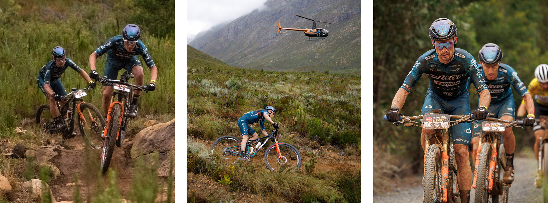 Images of Samu and Fabien riding on different stages of the Cape Epic