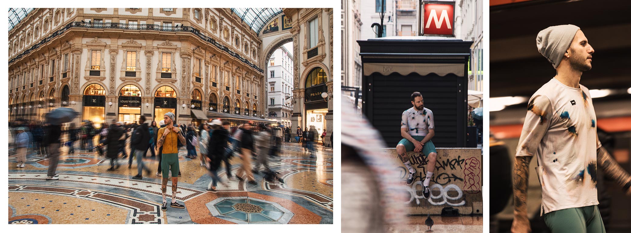Kompositionen einiger Momente der "Walking"-Aktion an den emblematischsten Orten von Mailand.