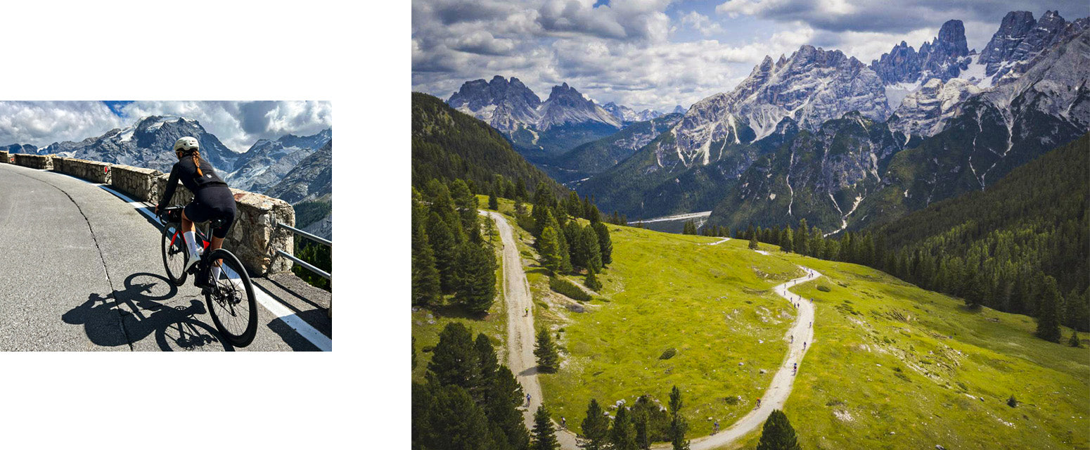 On the left Krasi cycling up one of the Dolomite passes, on the right a snapshot of the Dolomite landscape.