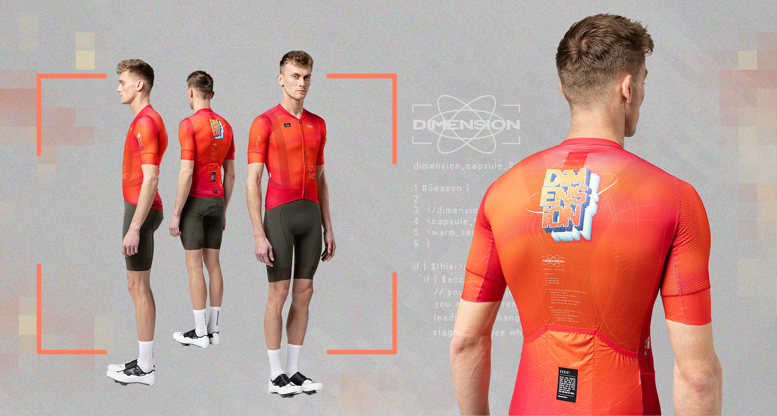 Komposition mit technologischen Elementen, die verschiedene Ansichten des Modells mit dem Carrera-Trikot zeigt. Grenadine Trikot aus der neuen Kollektion.  