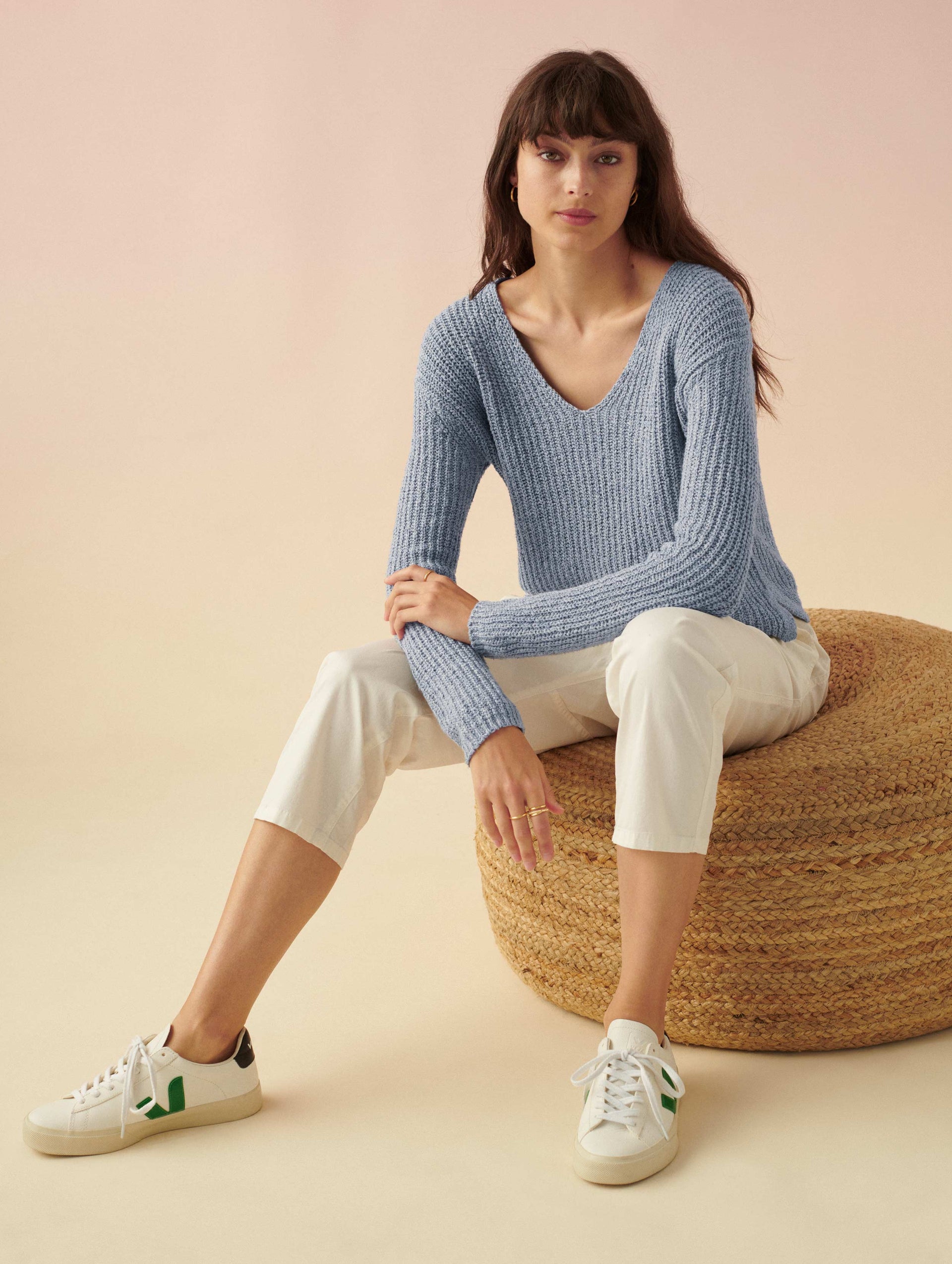 wjk cotton linen V neck knit