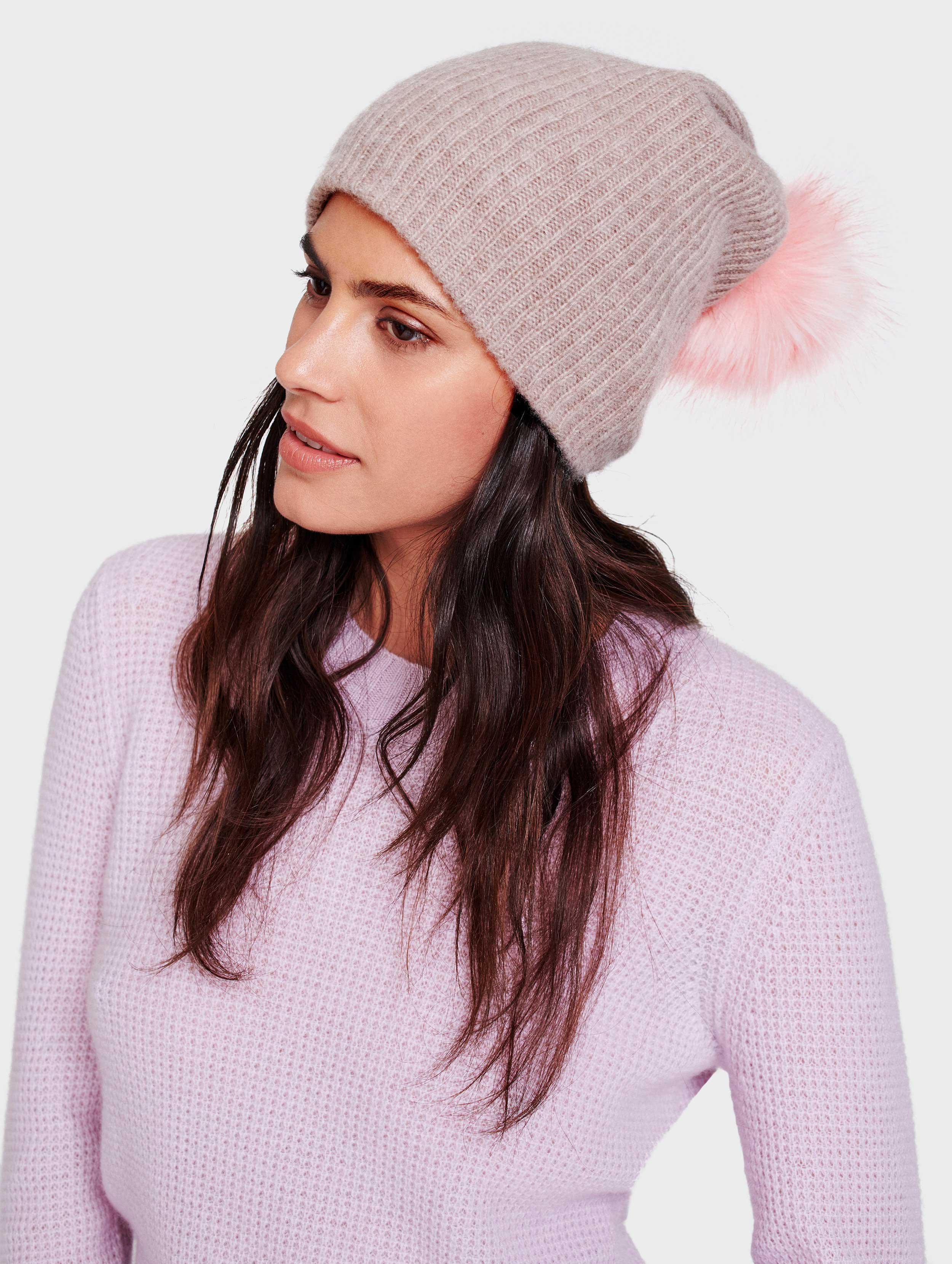 White + Warren Plush Rib Beanie With Pom Pom In Beige/pink Cashmere