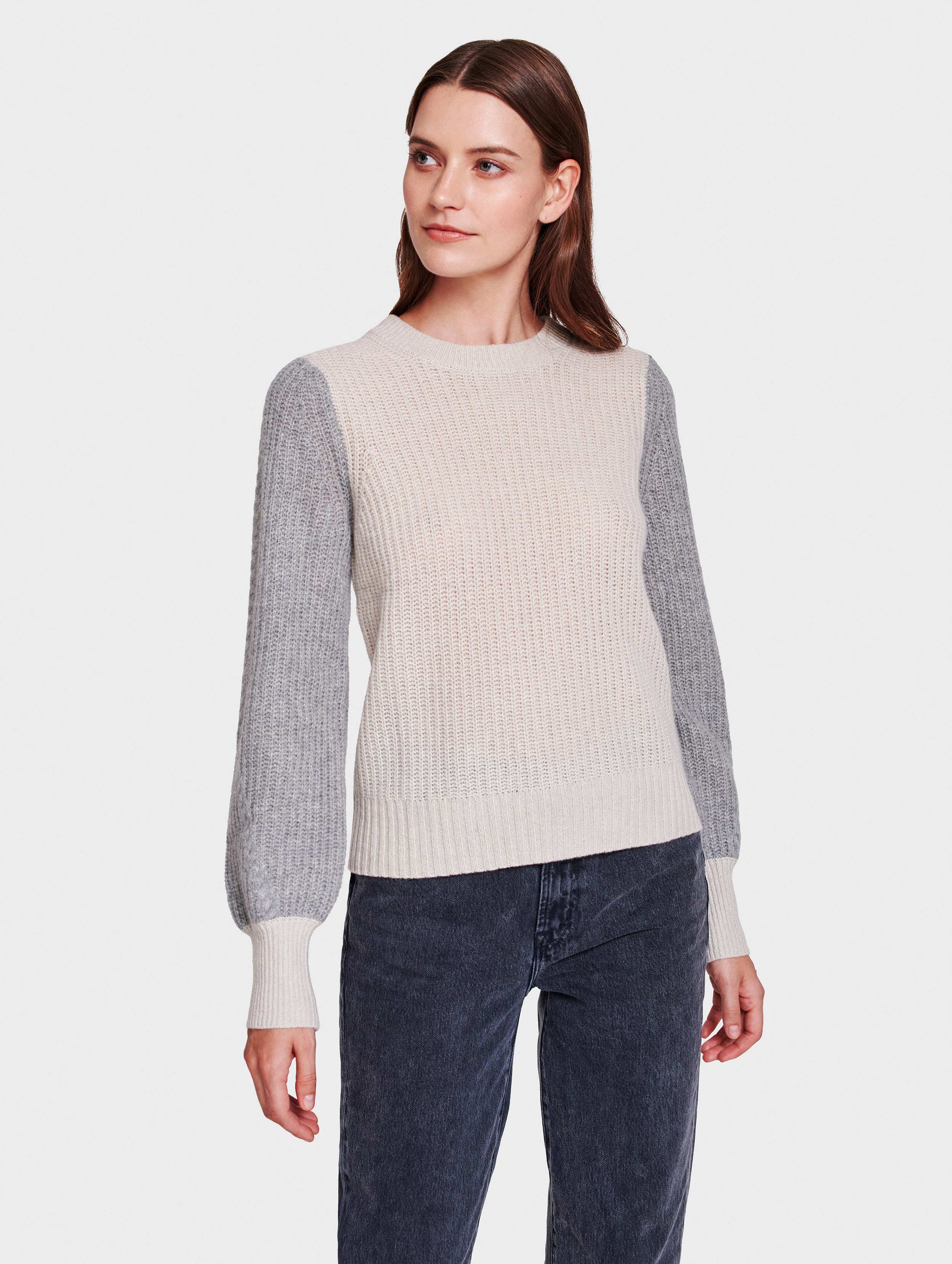 White + Warren Recycled Cashmere Cable Sleeve Crewneck Top In Putty ...