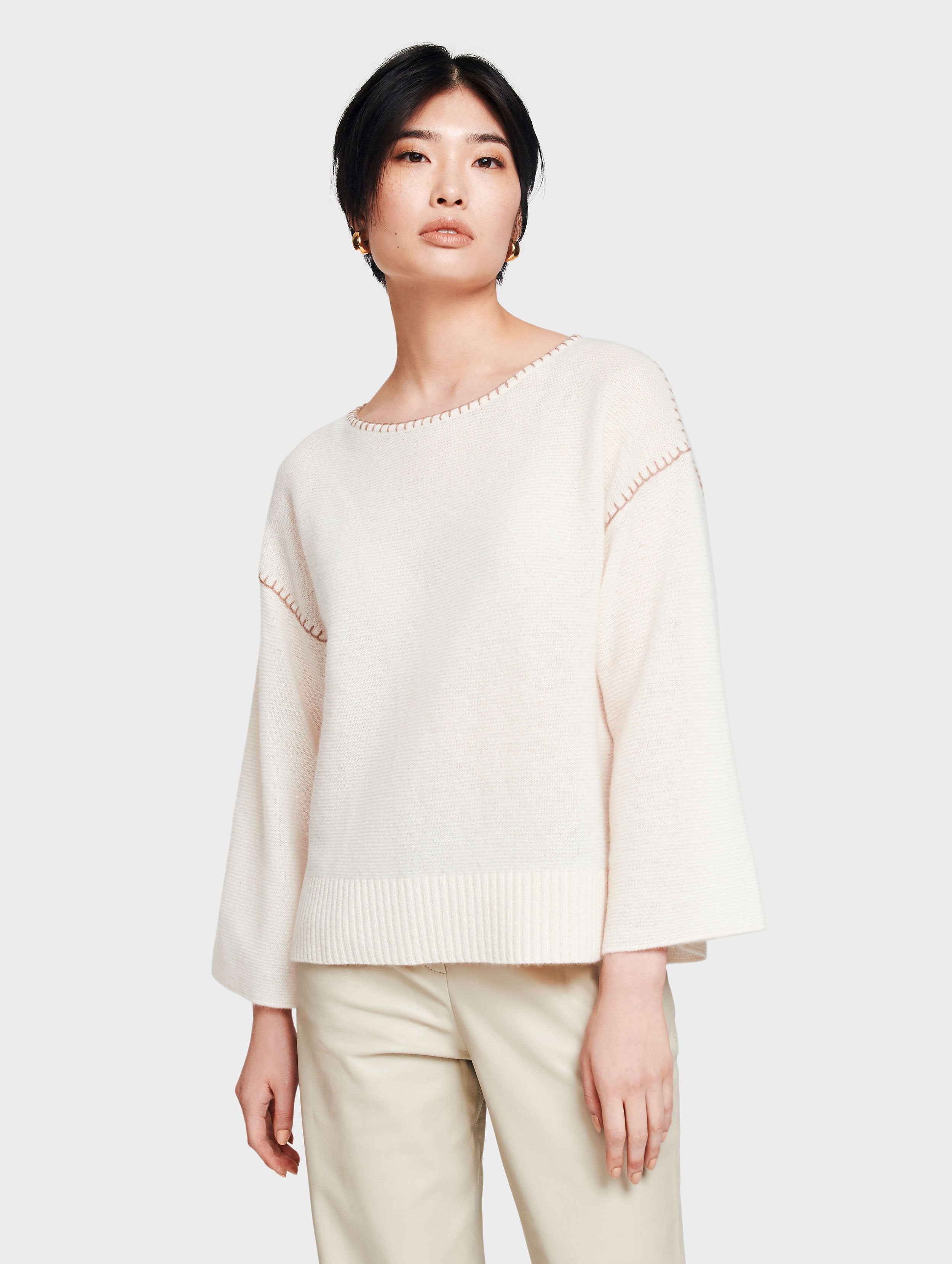 White + Warren Cashmere Blanket Stitch Open Crewneck Top In Pearl White/basket Weave Heather