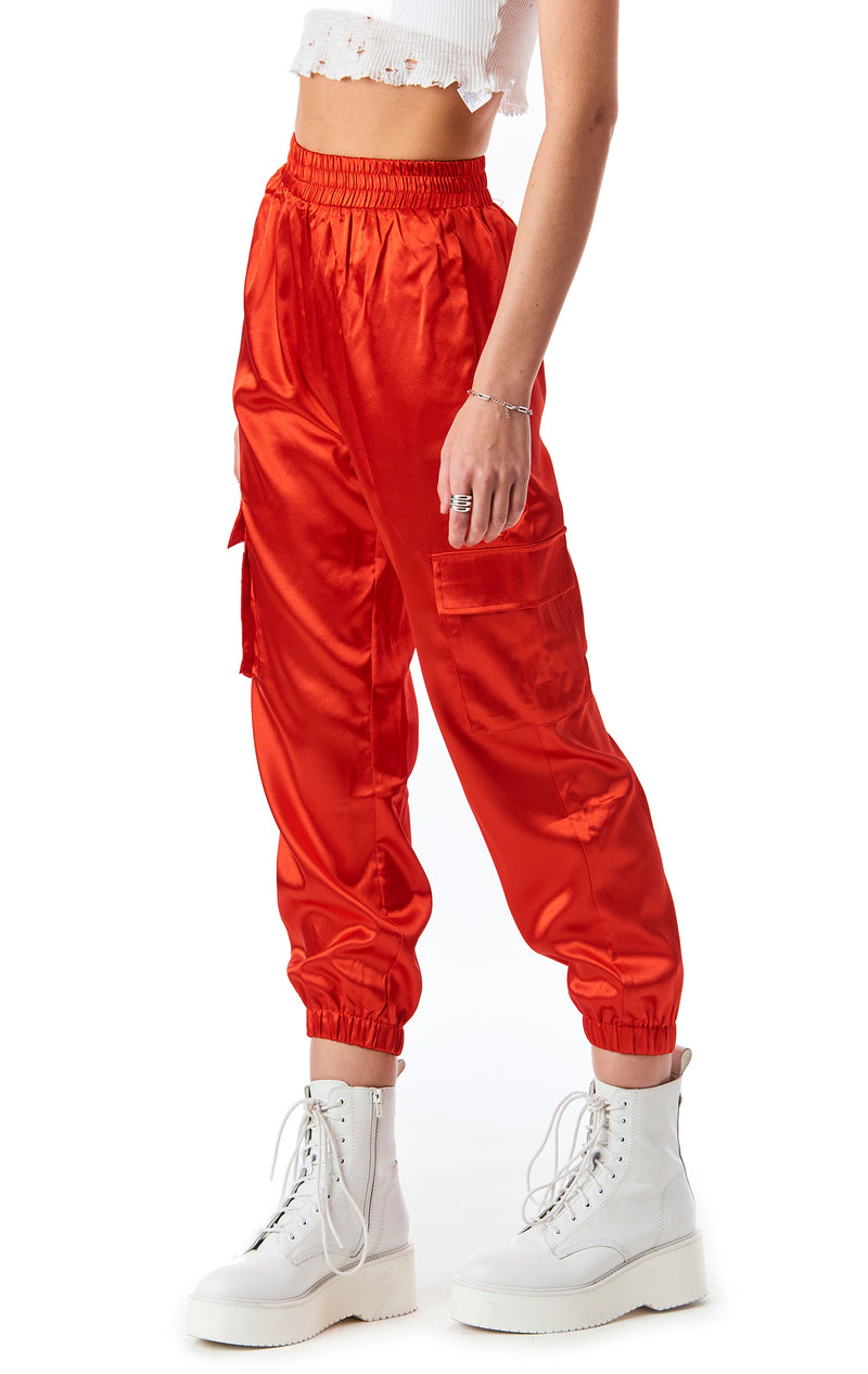 red satin cargo pants