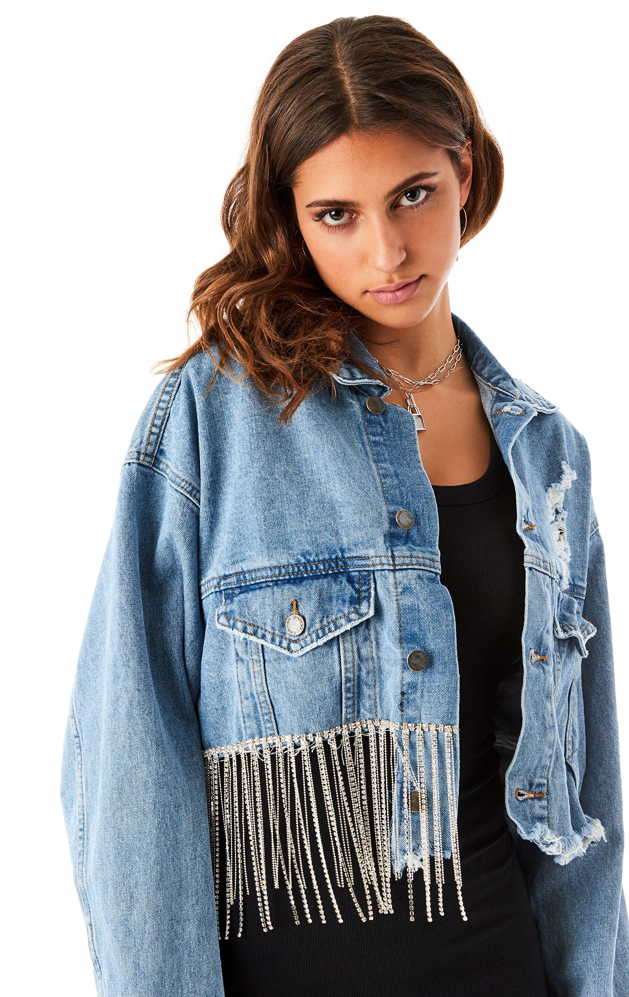 AUDREY MYSTIC RHINESTONE FRINGE CROP DENIM JACKET LF Stores