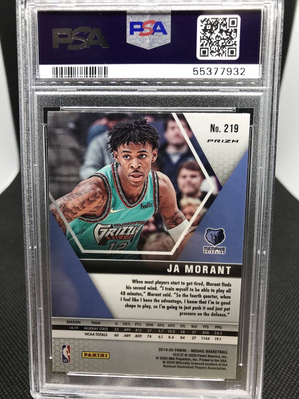 JA MORANT RC 2019-20 PANINI MOSAIC #219 SILVER PRIZM PSA 9 GRADED ROOKIE  CARD