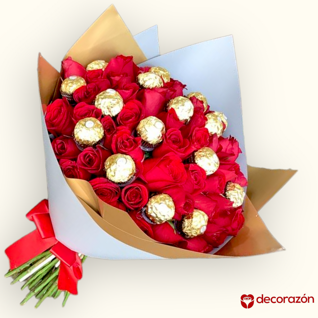 Ramo de 50 Rosas rojas y 16 chocolates Ferrero – Florería Decorazon