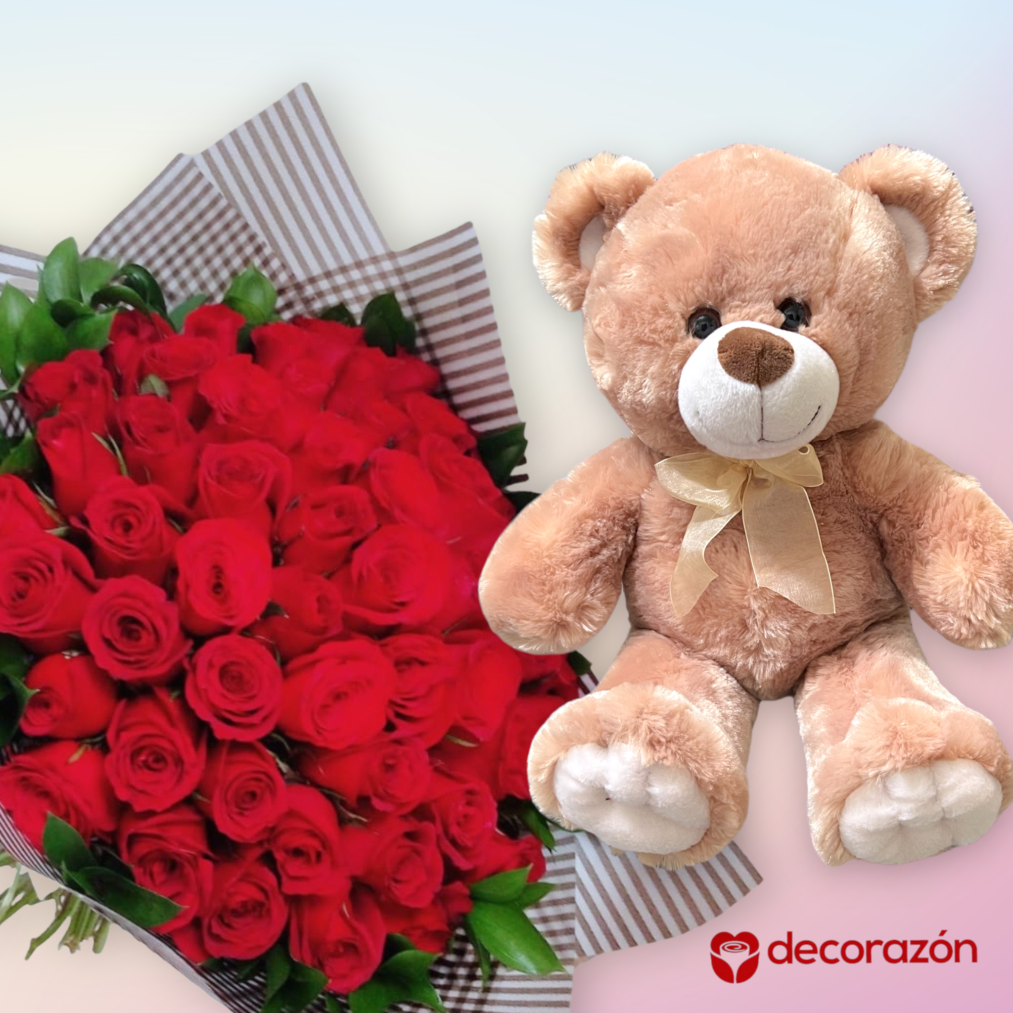 Ramo de 50 Rosas rojas y Oso de peluche 35cm – Florería Decorazon