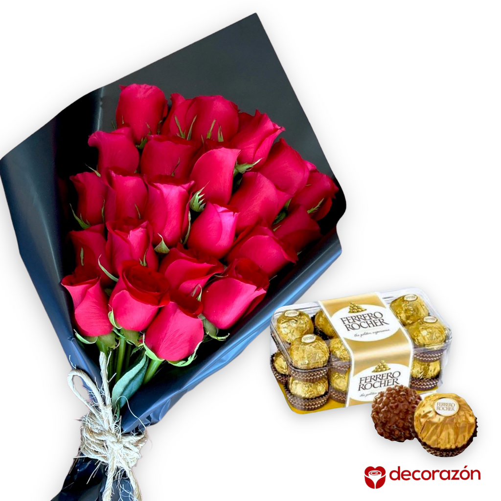 Ramo de 24 rosas rojas y Caja de chocolates Ferrero – Florería Decorazon