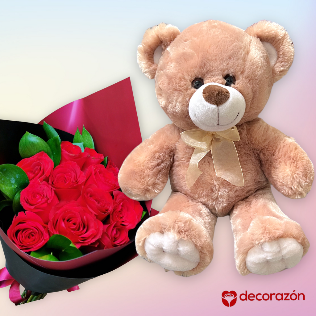 Ramo 12 rosas rojas y Osito de peluche 30 cm – Florería Decorazon