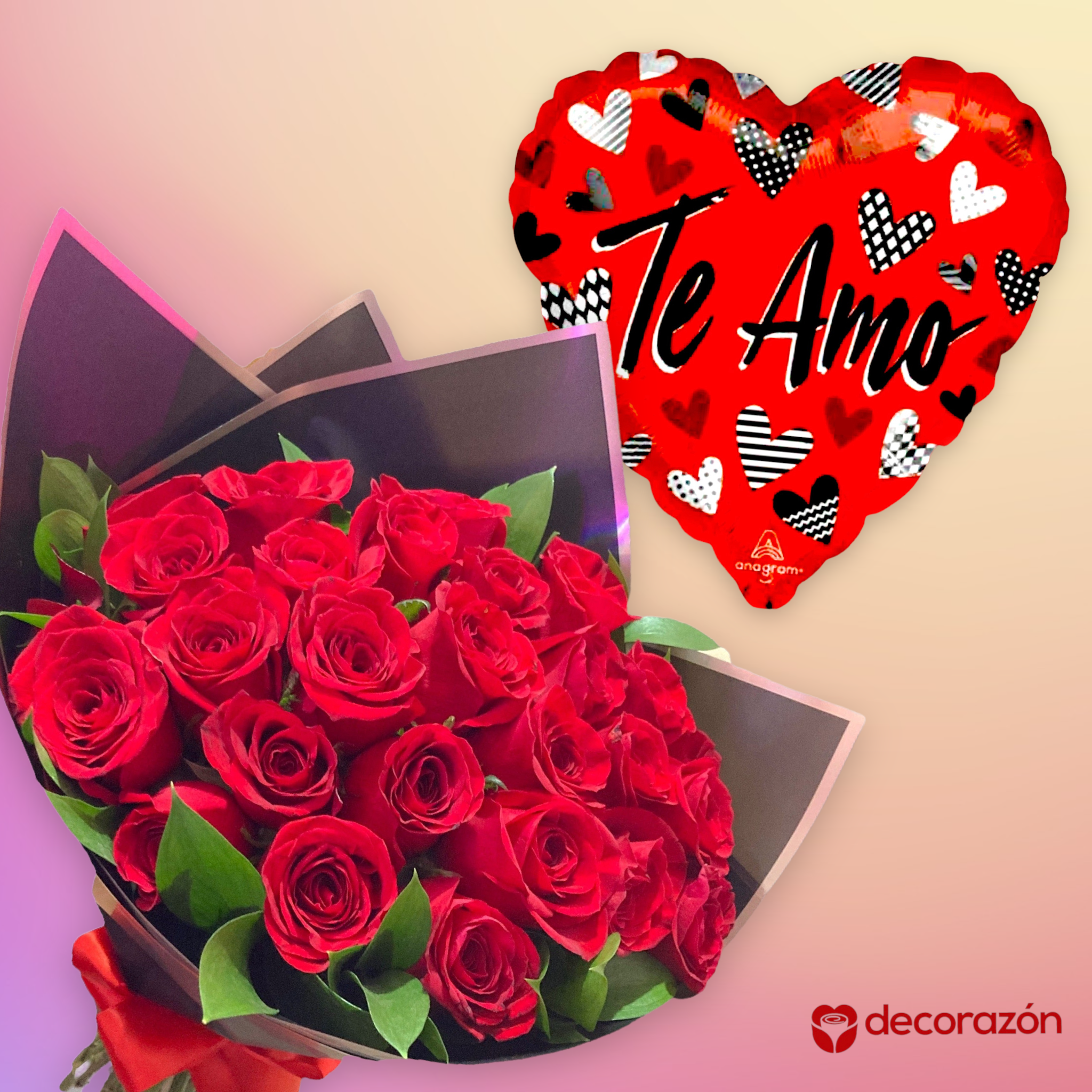 Ramo de 24 Rosas rojas y Globo amor 18” – Florería Decorazon